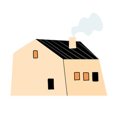 Illustration of light house with smoking chimney and dark roof. Rural dwelling and country building creates peaceful countryside morning atmosphere. Simple architecture. Flat vector art.