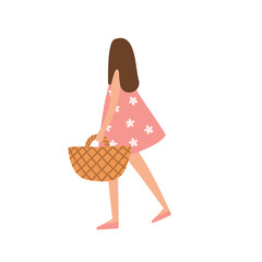 Illustration of woman in pink dress carrying basket. Character and adult person walking in rural area. Female figure and lady in dress holding container. Flat vector art.