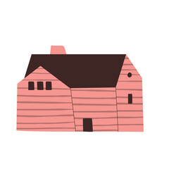 Illustration of pink wooden house with attached section. Rural dwelling and country building looks cozy in nature. Simple structure and warm architecture. Flat vector art.