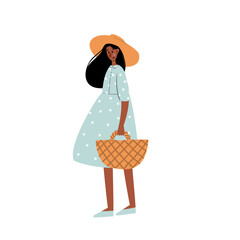 Illustration of African American woman in blue dress and hat carrying basket. Character and adult person walking in rural area. Black female figure and lady in hat. Flat vector art.