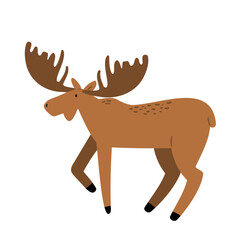 Illustration of moose with large antlers in forest scene. Wild animal and woodland creature stands in nature. Large beast and majestic mammal. Flat vector art.