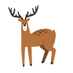 Illustration of deer with tall antlers in forest scene. Wild animal and woodland creature stands in nature. Graceful beast and elegant mammal. Flat vector art.
