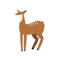 Illustration of young fawn in forest scene. Gentle animal and woodland creature stands in nature. Young beast and graceful mammal. Flat vector art.