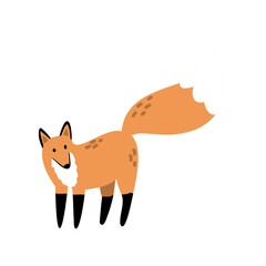 Illustration of red fox walking in forest scene. Wild creature and woodland animal moving in nature. Predator beast and red mammal. Flat vector art.