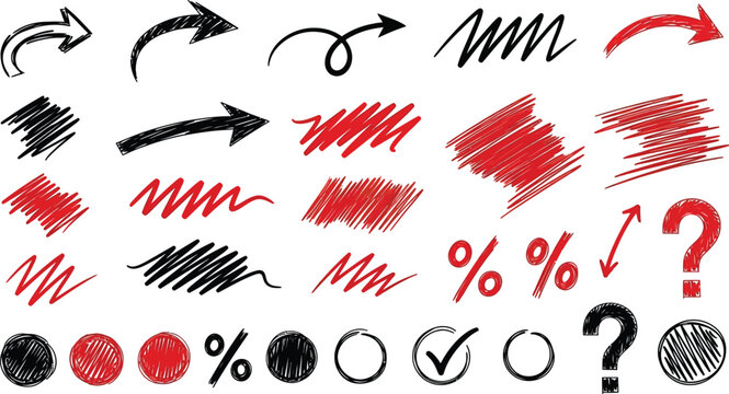 Group of black and red scribbled lines dots and punctuation symbols on white illustration