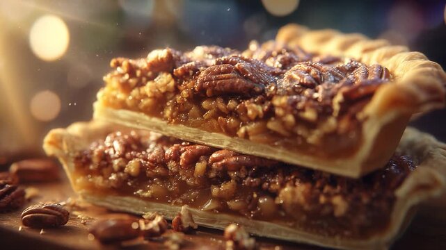 A delicious pecan pie sits beautifully stacked on a wooden surface, showcasing its rich golden filling and crunchy pecans. The pecan pie glistens under soft light, inviting attenti