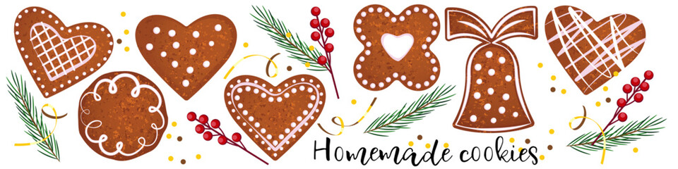 set of homset of homemade heart-shaped cookies, jingle bells for Christmas, decorated with icing. Elements of festive pastries. stock vector illustration. EPS 10.