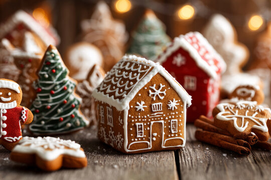 Gingerbread house christmas cookie holiday baking icing festive warm scene - Powered by Adobe