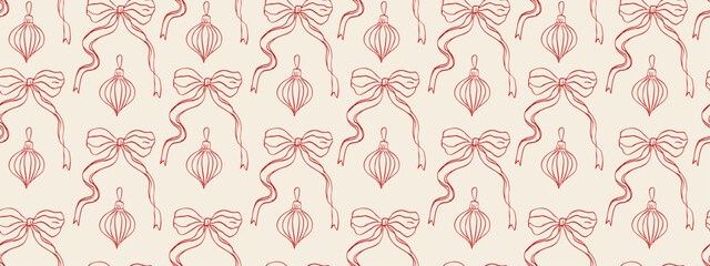 Seamless pattern with hand-drawn Christmas bows and ornaments in red outline on a soft beige background, creating a festive elegant holiday design