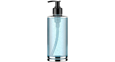 Clear bottle with pump dispenser containing blue liquid on black background
