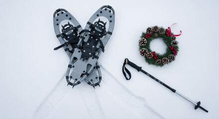  Two snowshoes crossed on snowy ground with visible tracks. Small Christmas wreath and trekking pole nearby. Holiday snowshoe race gear, winter sport, wreath, white snow