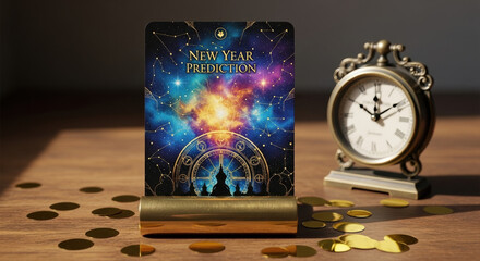 Single oracle card standing in brass holder on wooden desk. Gold confetti and small clock showing midnight nearby.  New Year Oracle Card Spread, Cosmic Design, Gold, Clock, Mystical