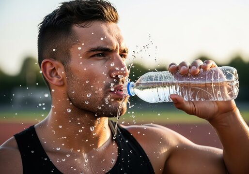 Man intensely rehydrating with refreshing water after vigorous workout session