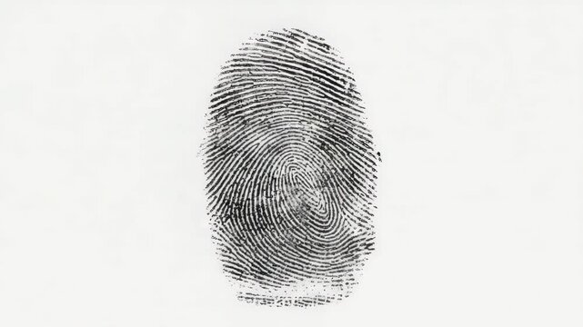 Black ink fingerprint appearing and disappearing on a white background, simulating a digital scan for forensic analysis, identification, and criminal investigation purposes
