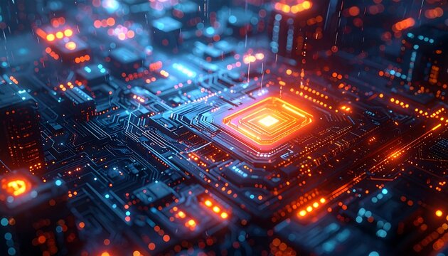 Glowing tech circuitry design with vibrant orange and blue lights suggesting futuristic cityscape - Powered by Adobe