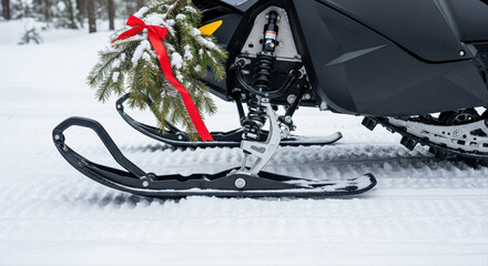 Snowmobile ski and track on packed snow surface. Pine branch and red ribbon secured to the vehicle. Festive Snowmobile Ride Adventure, Black, Red Ribbon, Winter Thrill