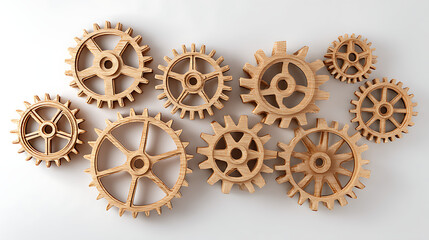 Collection of wooden gears isolated on white background, a symbol of mechanics