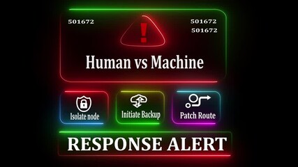 Human vs Machine response notification on digital interface in data center server room with isolate node initiate backup patch route options animation on black background.