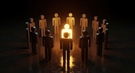 Illuminated figure stands out within a group of dark figures symbolizing leadership uniqueness and being different