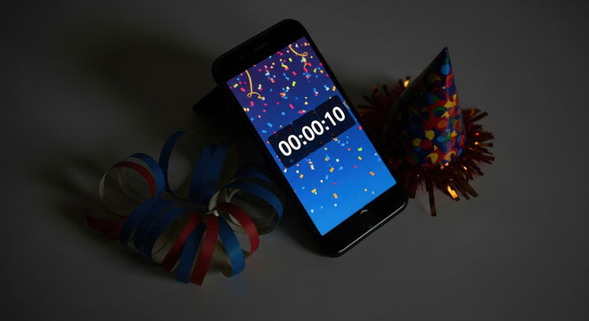 Phone propped at angle showing countdown timer on screen. Small party hat and streamers beside the device. New Year Phone Screen at Midnight, Confetti, Dark Background