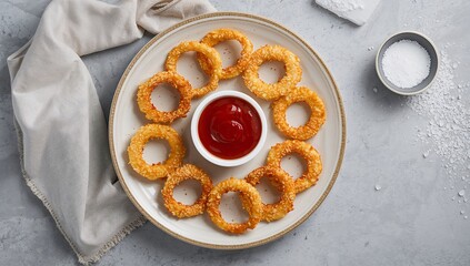 Onion Rings with Ketchup, crispy golden fried onion rings served with tangy tomato ketchup, classic snack visuals
