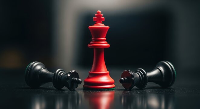 Red chess king dominates defeated black queens in a strategic victory symbolizing leadership and success
