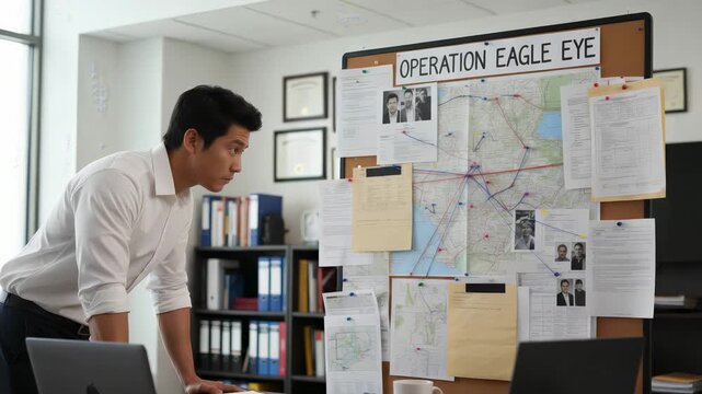 Focused law enforcement agent analyzing a corkboard with maps, photos, and documents while investigating a criminal case named operation eagle eye in an office headquarters or incident room
