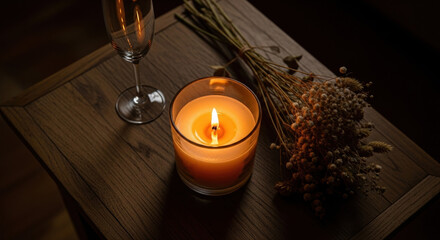 Gold candle in glass holder on wooden altar. Champagne glass and dried flowers arranged around it. New Year Manifestation Ritual Candle, Warm Glow, Rustic Decor