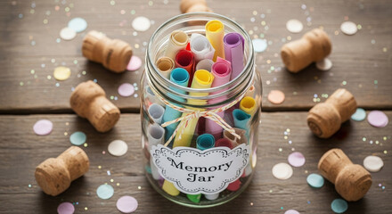  Memory jar with decorative label on wooden surface. Champagne cork and confetti scattered around the container. New Year Memory Jar Filled with Colorful Notes, Rustic Decor
