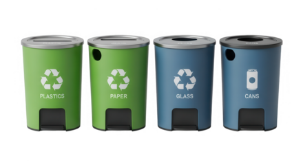Four recycling bins for different materials isolated on transparent background