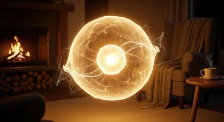 Glowing energy sphere hovers in a cozy living room setting near a warm fireplace