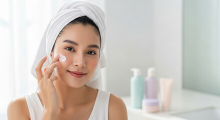 Asian woman doing morning skincare routine and smiling in bathroom  