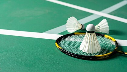 Yellow badminton racket with shuttlecocks on green court with white lines in a realistic sports scene