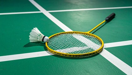 Yellow badminton racket with shuttlecocks on green court with white lines in a realistic sports scene