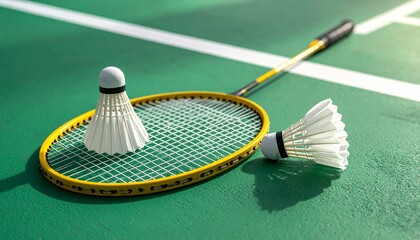 Yellow badminton racket with shuttlecocks on green court with white lines in a realistic sports scene