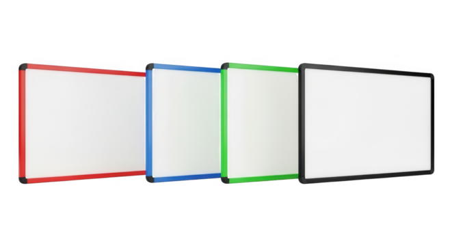 Four whiteboards with different colored frames isolated on white isolated on transparent background - Powered by Adobe