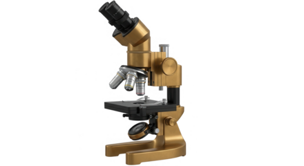 Gold microscope isolated on transparent background for scientific research