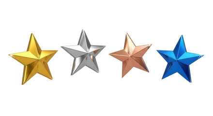 Four metallic stars of different colors isolated on transparent background