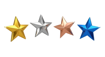 Four metallic stars of different colors isolated on transparent background