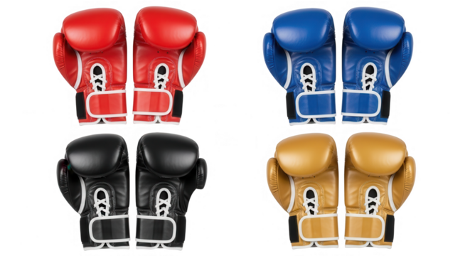 Four pairs of boxing gloves isolated on transparent background in different colors