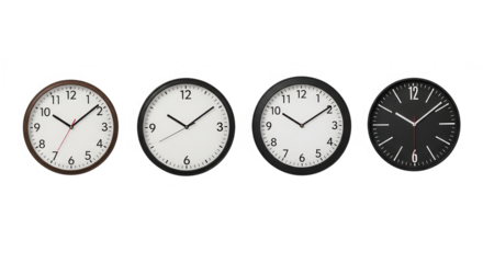 Four clocks showing different times isolated on transparent background