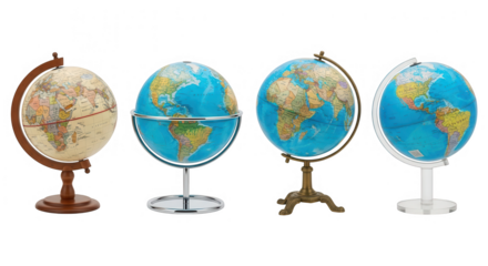 Four globes of the world isolated on transparent background