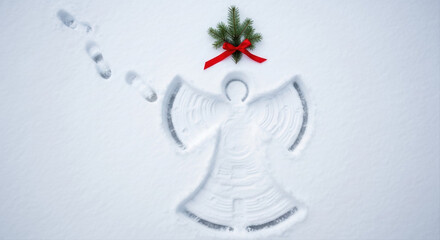 Fresh snow angel with footprints leading away. Pine branch and red ribbon at the head position.  Snow angel making, overhead view, festive greenery, red bow