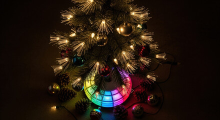 Retro fiber optic tree with color wheel visible. Pine cone and old-style decorations arranged around it.  Retro fibre optic Christmas tree, colorful lights, festive glow
