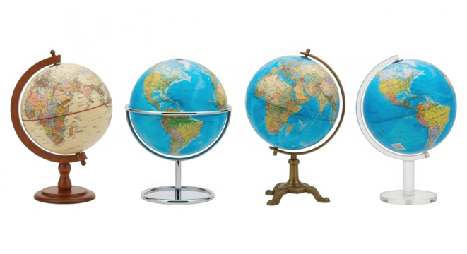 Four globes of the world isolated on transparent background