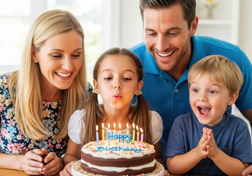 A joyful family celebrating their daughter's birthday with a cake