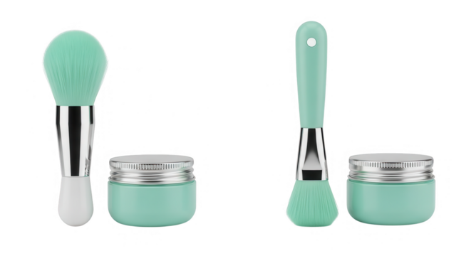 Two sets of mint green cosmetic brushes and jars isolated on transparent background