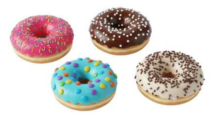 Four colorful donuts with various toppings isolated on transparent background