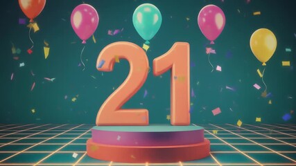 Number 21 surrounded by balloons. Festive video for birthday or anniversary party