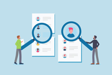 Recruitment process and job search with magnifying glass and candidate profiles